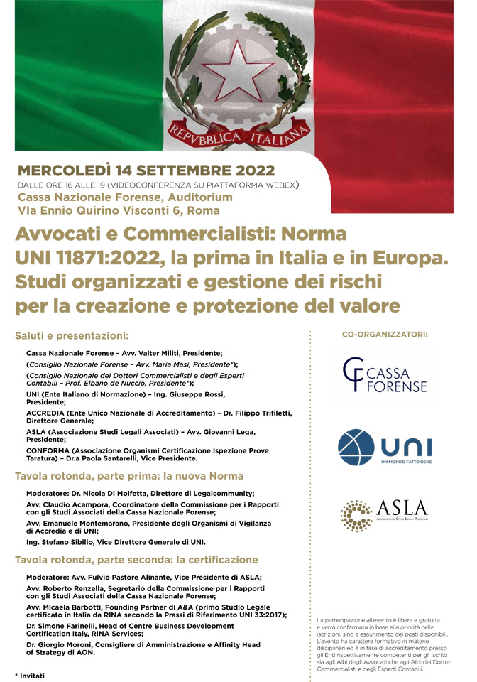 Avvocati e Commercialisti: Norma UNI 11871:2022, la prima in Italia e in Europa. Studi organizzati e gestione dei rischi per la creazione e protezione del valore