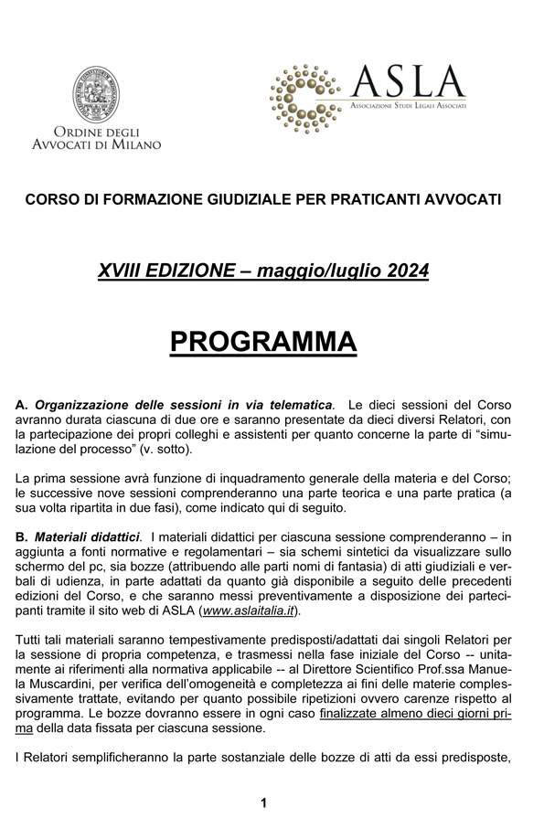 CORSO DI FORMAZIONE GIUDIZIALE PER PRATICANTI AVVOCATI